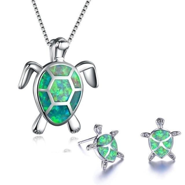 Set collana e orecchini tartaruga marina in opale e argento – Collana colibrì con orecchini abbinati