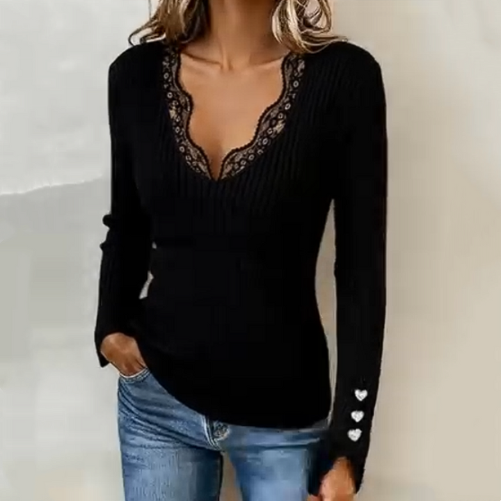 Maglia a Coste con Scollatura a V e Dettagli in Pizzo per Donna