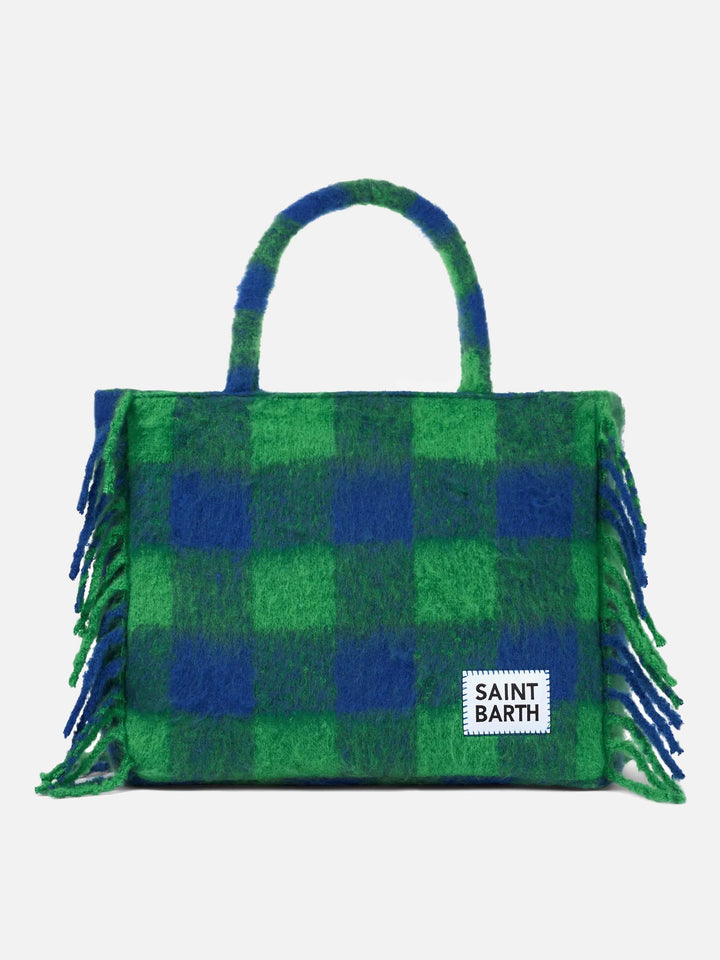 Vanity Borsa a Spalla in Pile con Motivo Check Verde e Blu