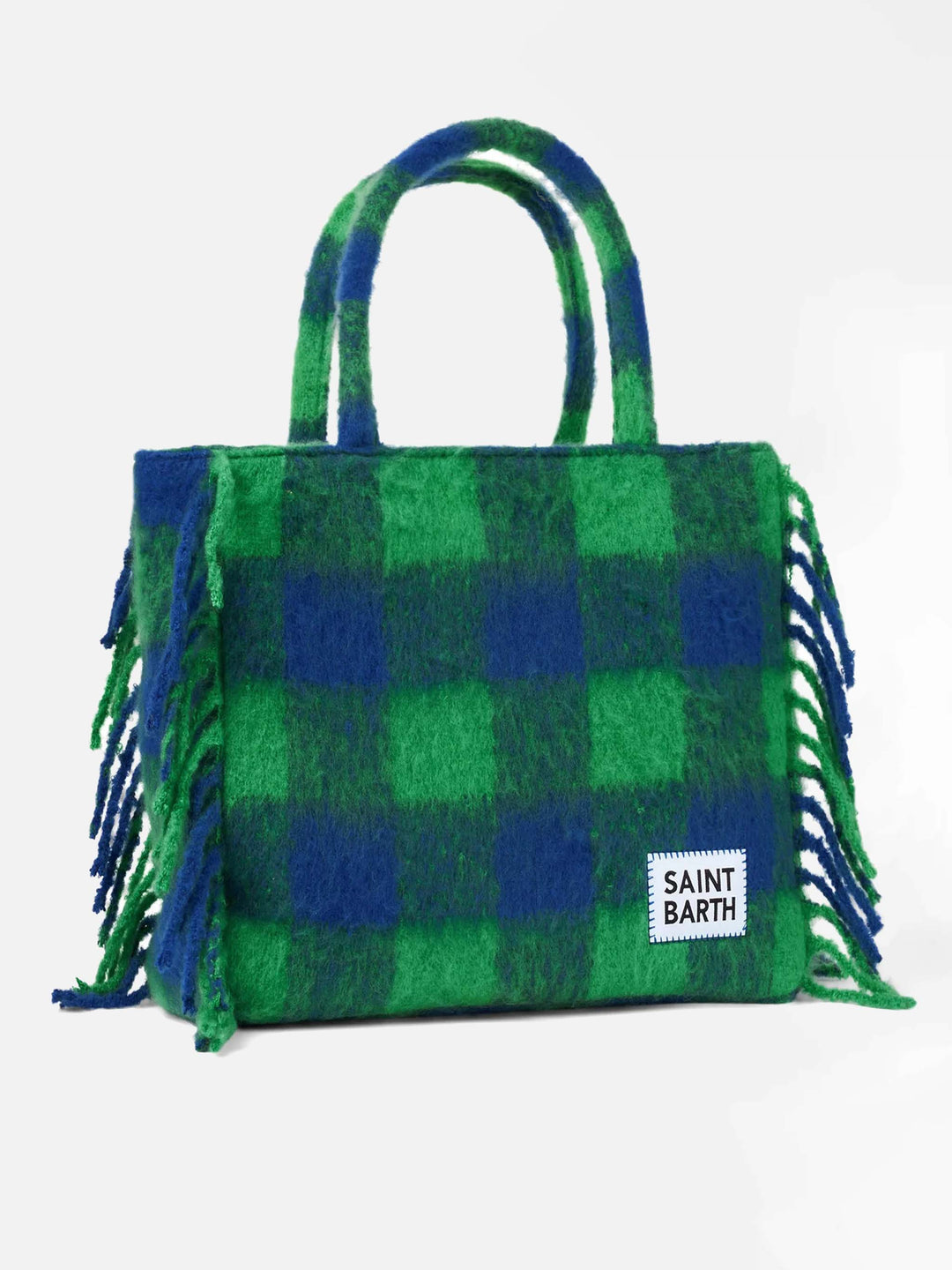 Vanity Borsa a Spalla in Pile con Motivo Check Verde e Blu