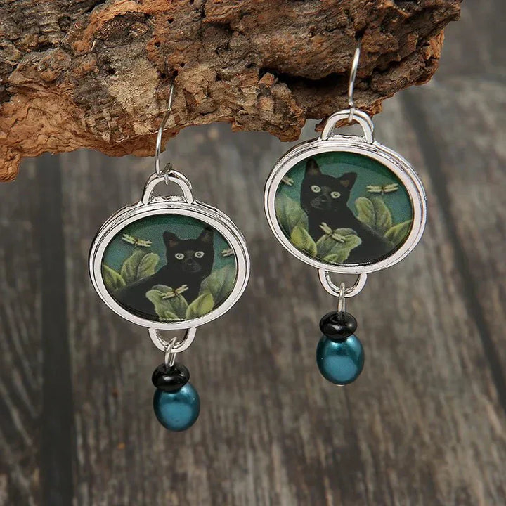 Orecchini pendenti vintage a forma di gatto nero in stile tropicale